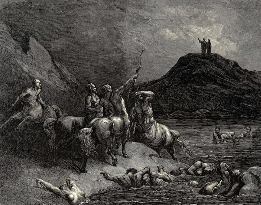 Gustave Doré, Inferno, Canto XII. Guido di Montfort, assassino di Enrico di Cornovaglia, sconta la sua pena tra i violenti immersi nel sangue bollente del fiume Flegetonte.