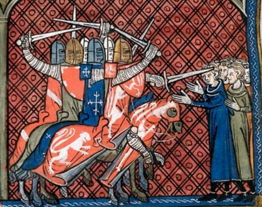 Crociati massacrano gli albigesi in una miniatura del XIV secolo nelle Chroniques de Saint-Denis; Londra, British Library