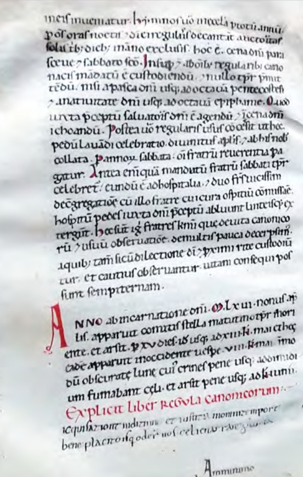 La pagina del manoscritto 36 con la notizia del passaggio della cometa e la firma del copista (Viterbo, Ce.Di.Do).