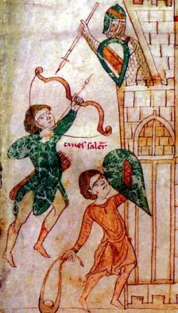 Fanti leggeri e arcieri del Mezzogiorno in una miniatura di fine XII secolo. Si noti a sinistra l'arciere privo di armatura metallica intento a scoccare con un arco composito a doppia curvatura, tipico delle truppe d'impronta orientale e saracena. (Miniatura tratta dal "Liber ad honorem Augusti" di Pietro da Eboli, c. 1196. Berna, Burgerbibliothek, Cod. 120.II / Pubblico Dominio).